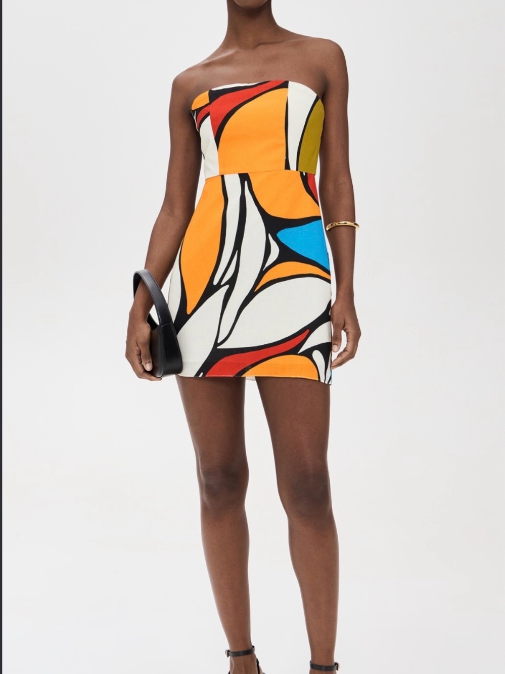 Caka de la Cruz Strapless Abstract Print Mini Dress in Orange, Blue & White